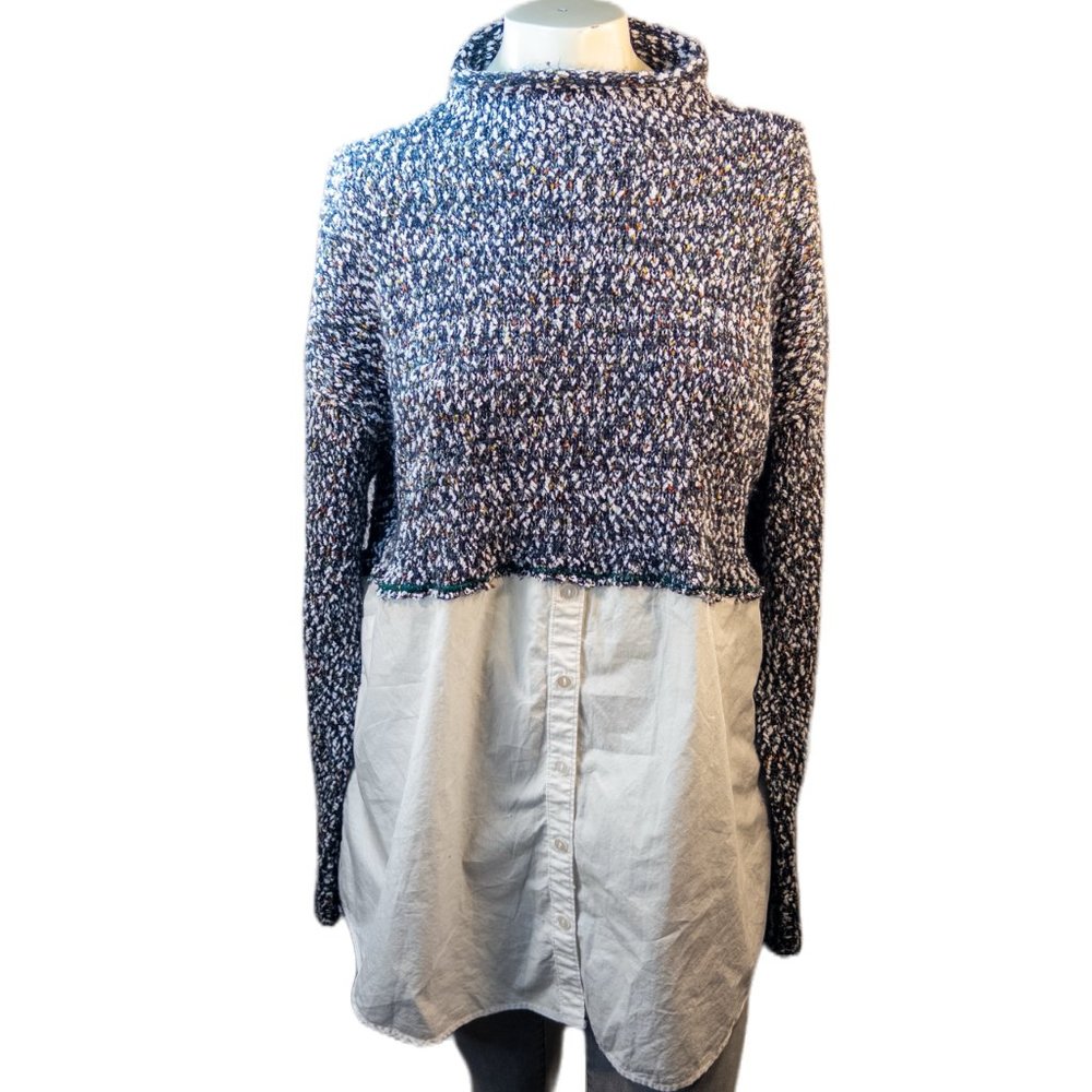 Fayne Upcycle Womens Size Medium Shirt Upcycle White Blue Sweater Top Mockneck